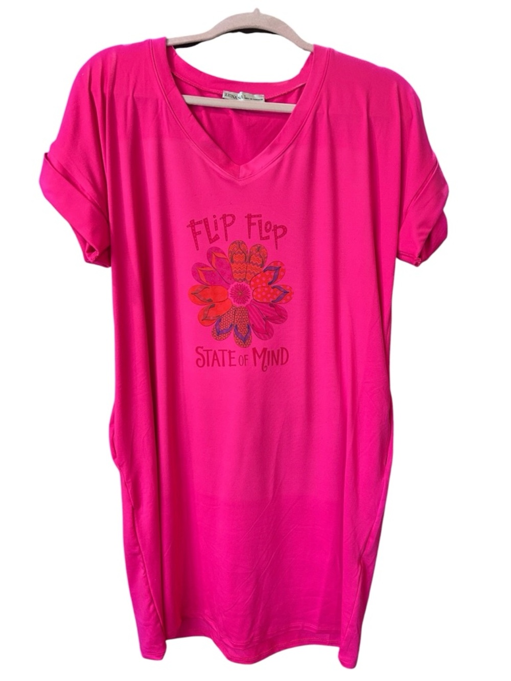NWT ZENANA BRUSHED DTY ROLLED SHORT SLEEVE V-NECK DRESS - Picture 3 of 3
